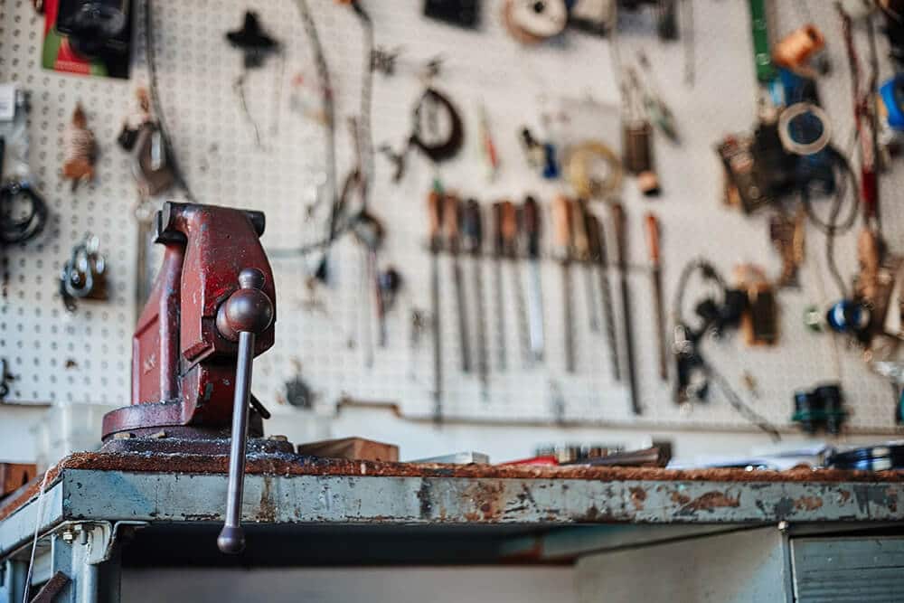 View of tools on wall and workbench